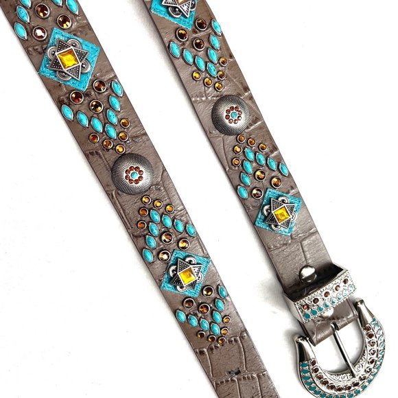 Rhinestones embellished Genuine Leather Western belt 34 main image 7